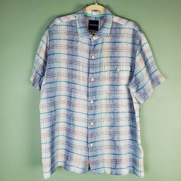 Tommy Bahama Paradigm Blue Plaid Linen Button Short Sleeve Shirt Size Large - Picture 1 of 9